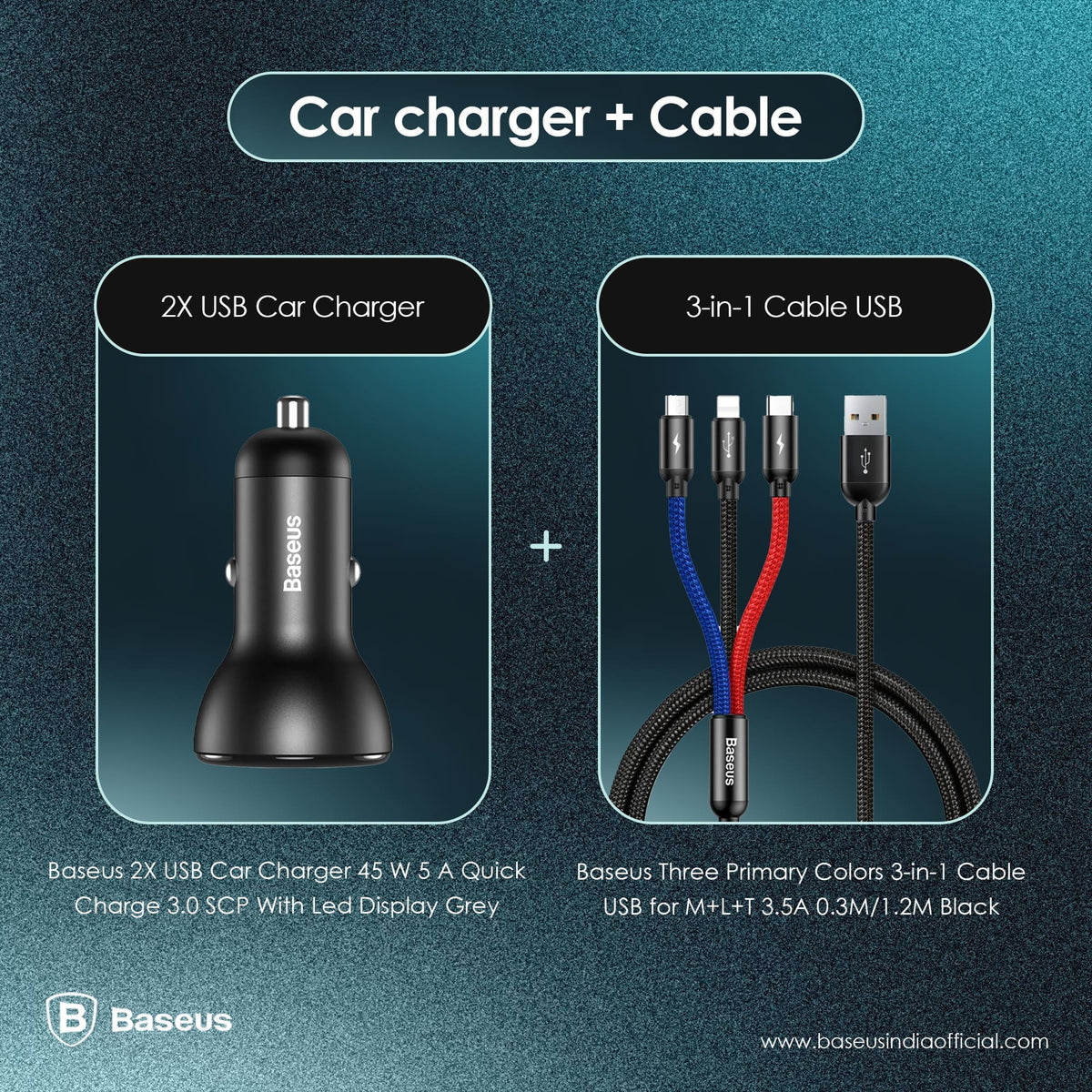 Baseus 2X USB Car Charger 45 W + 3-in-1 USB Cable (CCBX-B0G-1)