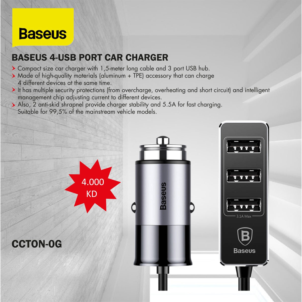 Baseus Enjoy Together with 1.5m Extension Cable 4X USB 5.5A Output Patulous Car, Cellular Phone Charger Dark Gray CCTON-0G