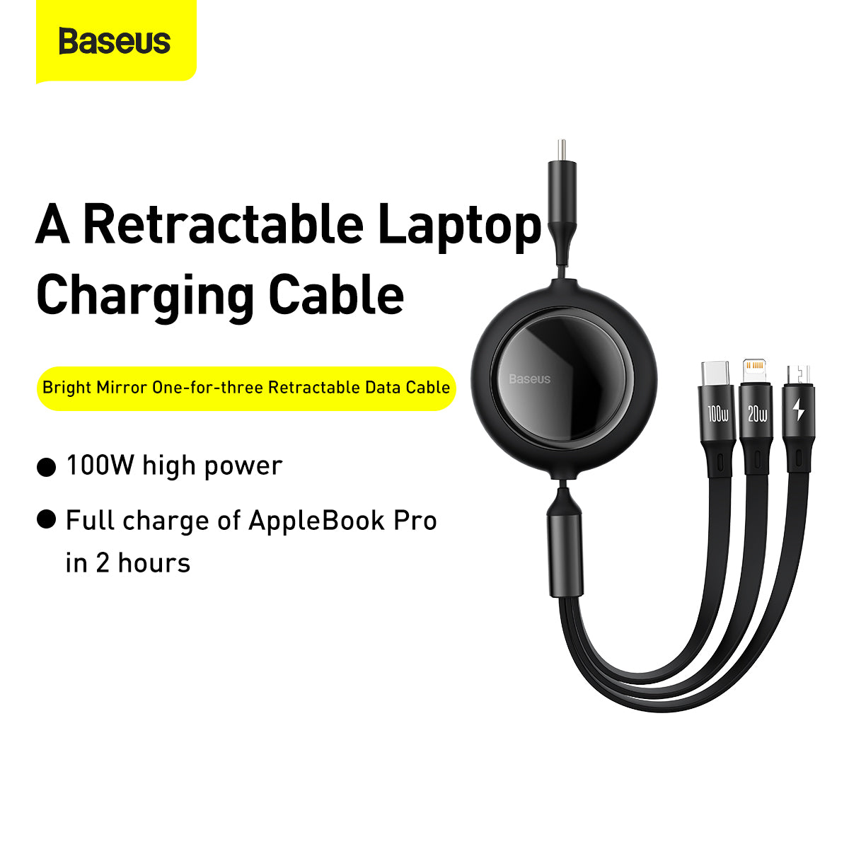 Baseus Bright Mirror One-for-Three 3 in 1 Retractable Cable Data Cable Type-C To M+L+C 1.2M 100W