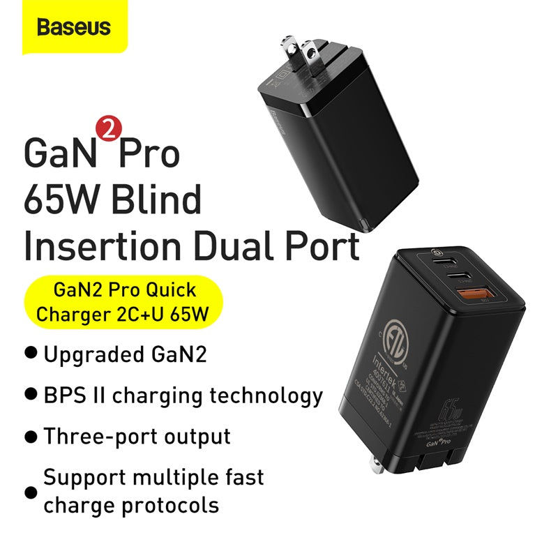 Baseus Gan2 Pro Dual Type-C + USB Quick Charger 65W [US Plug] + Type-C To Type-C (CCGAN-D01)