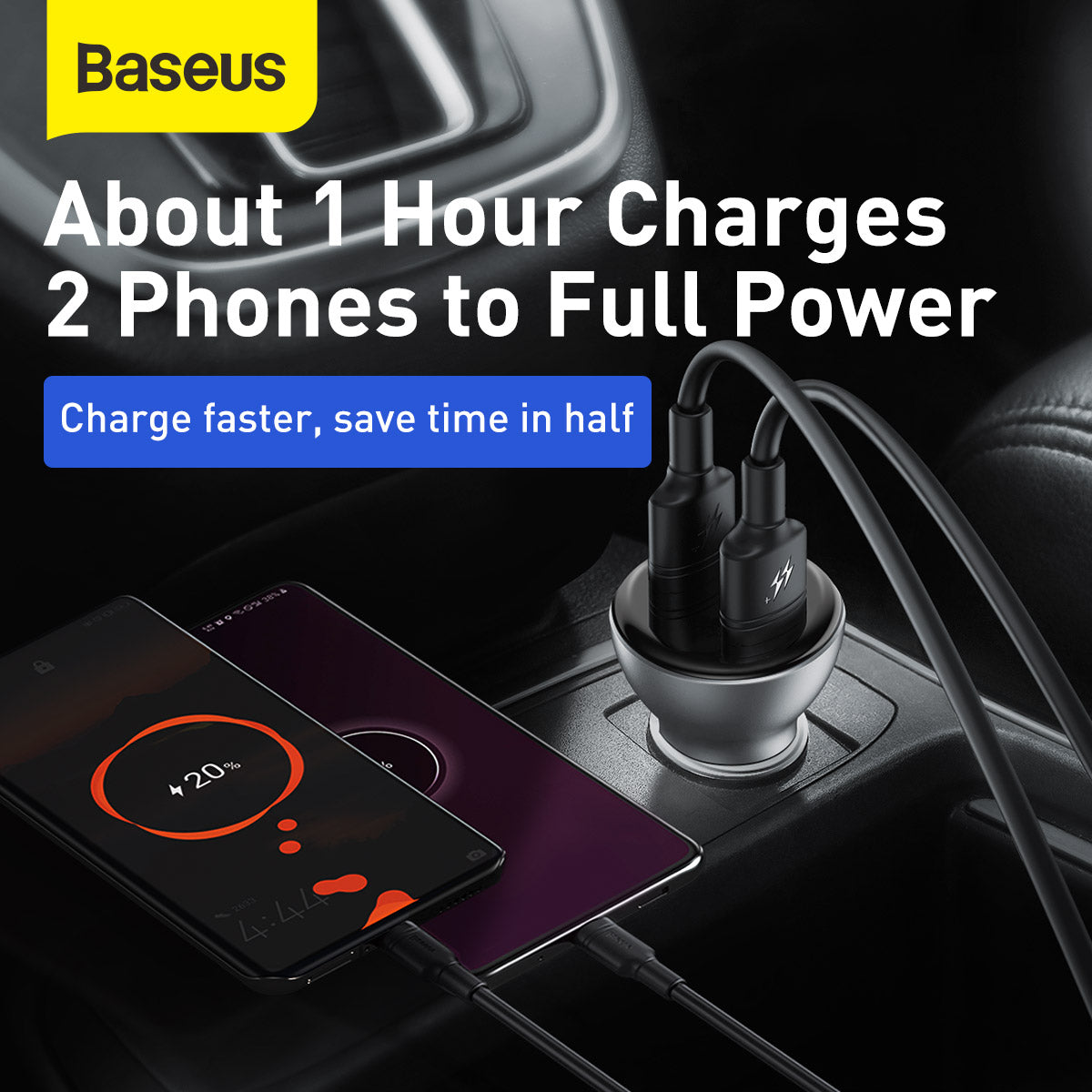 Baseus 2X USB Car Charger 45 W + 3-in-1 USB Cable (CCBX-B0G-1)
