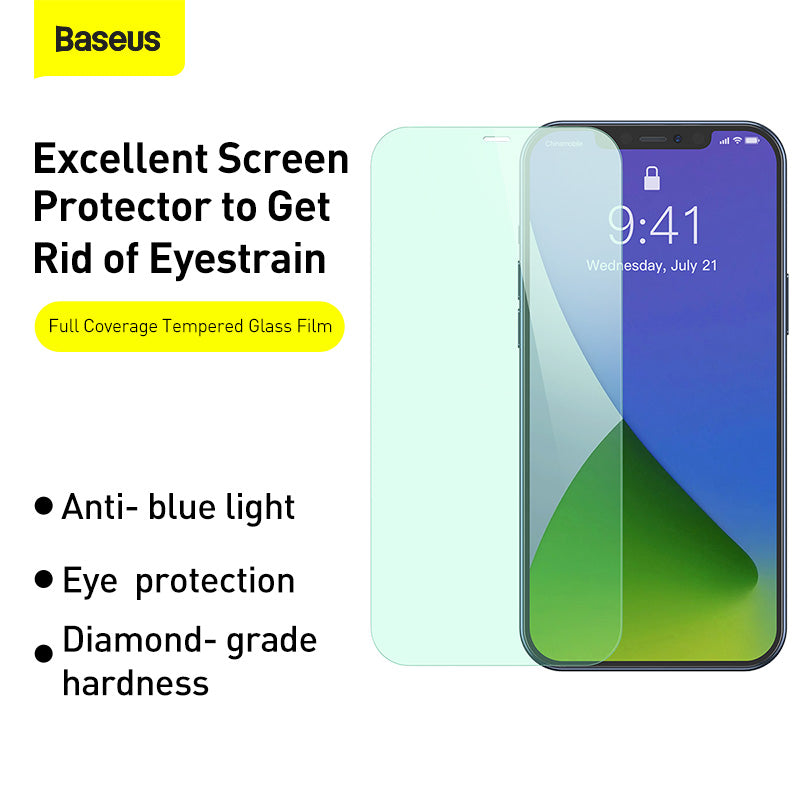Baseus 0.3mm Eye Protection Full Coverage Tempered Glass Film (Green Light)For iPhone 12 Models 2020 (2pcs Pack) Transparent